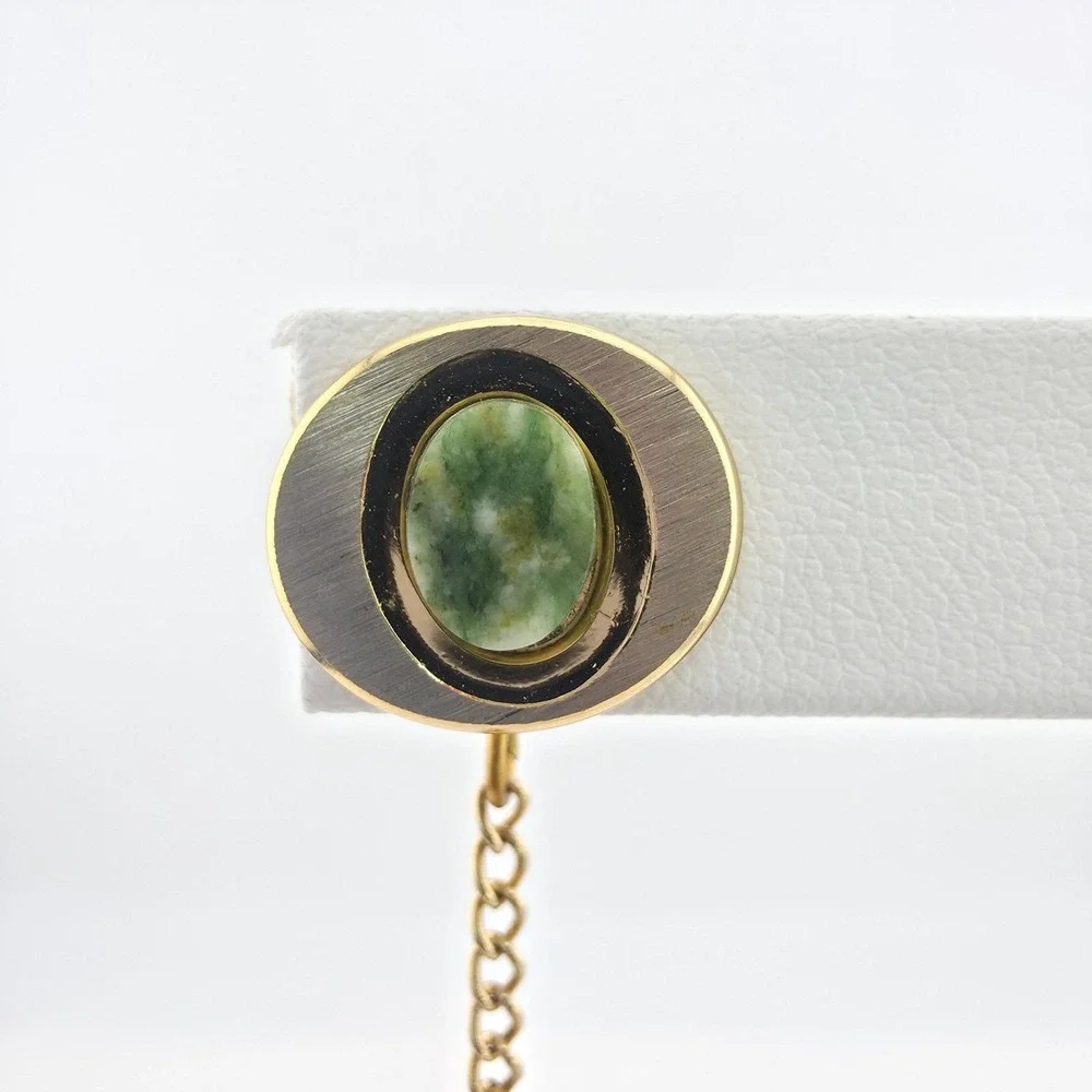 Vintage Jadeite Tie Tack Pin Jade Semi-Precious Gemstone Silver & Gold Tone
